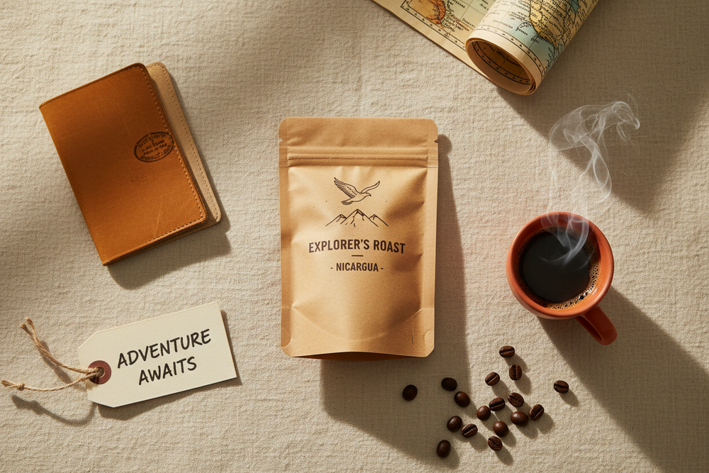 A 2 oz bag of single-origin Travel Guy 814 coffee