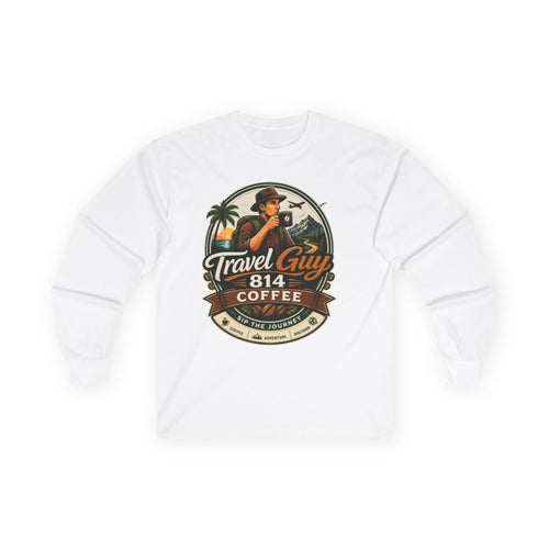 Travel Guy 814 Coffee Long Sleeve Tee — Vintage Adventure Coffee Logo Shirt