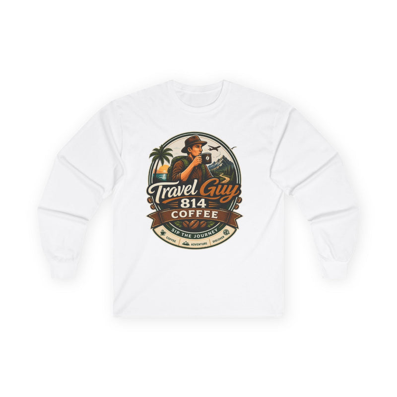 Travel Guy 814 Coffee Long Sleeve Tee — Vintage Adventure Coffee Logo Shirt