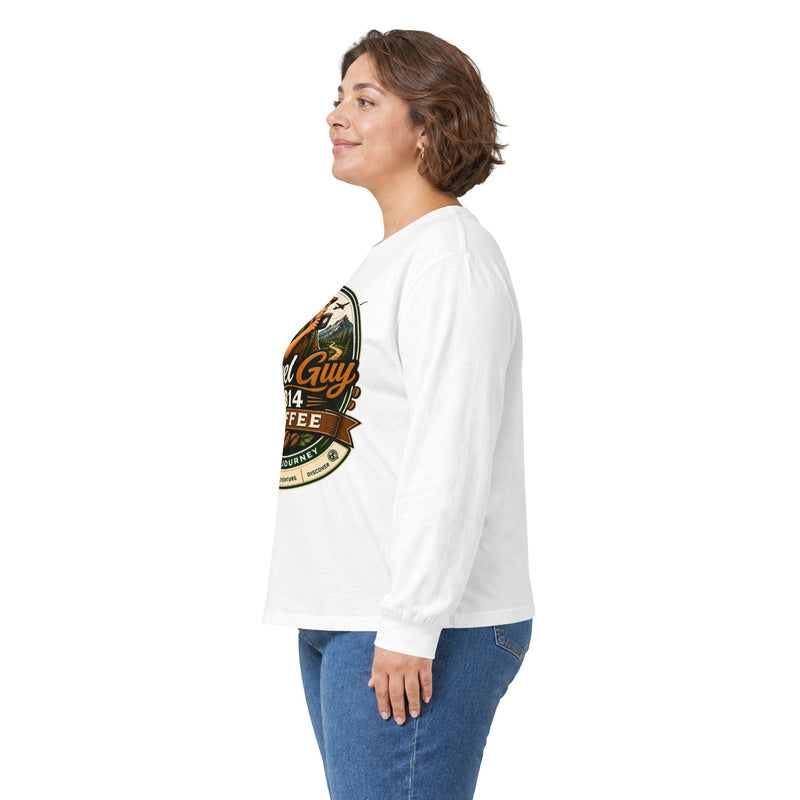 Travel Guy 814 Coffee Long Sleeve Tee — Vintage Adventure Coffee Logo Shirt